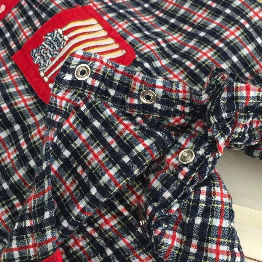 American Baby Classic Red/Blue Plaid Overalls Baseball Theme Size 6-9 Months